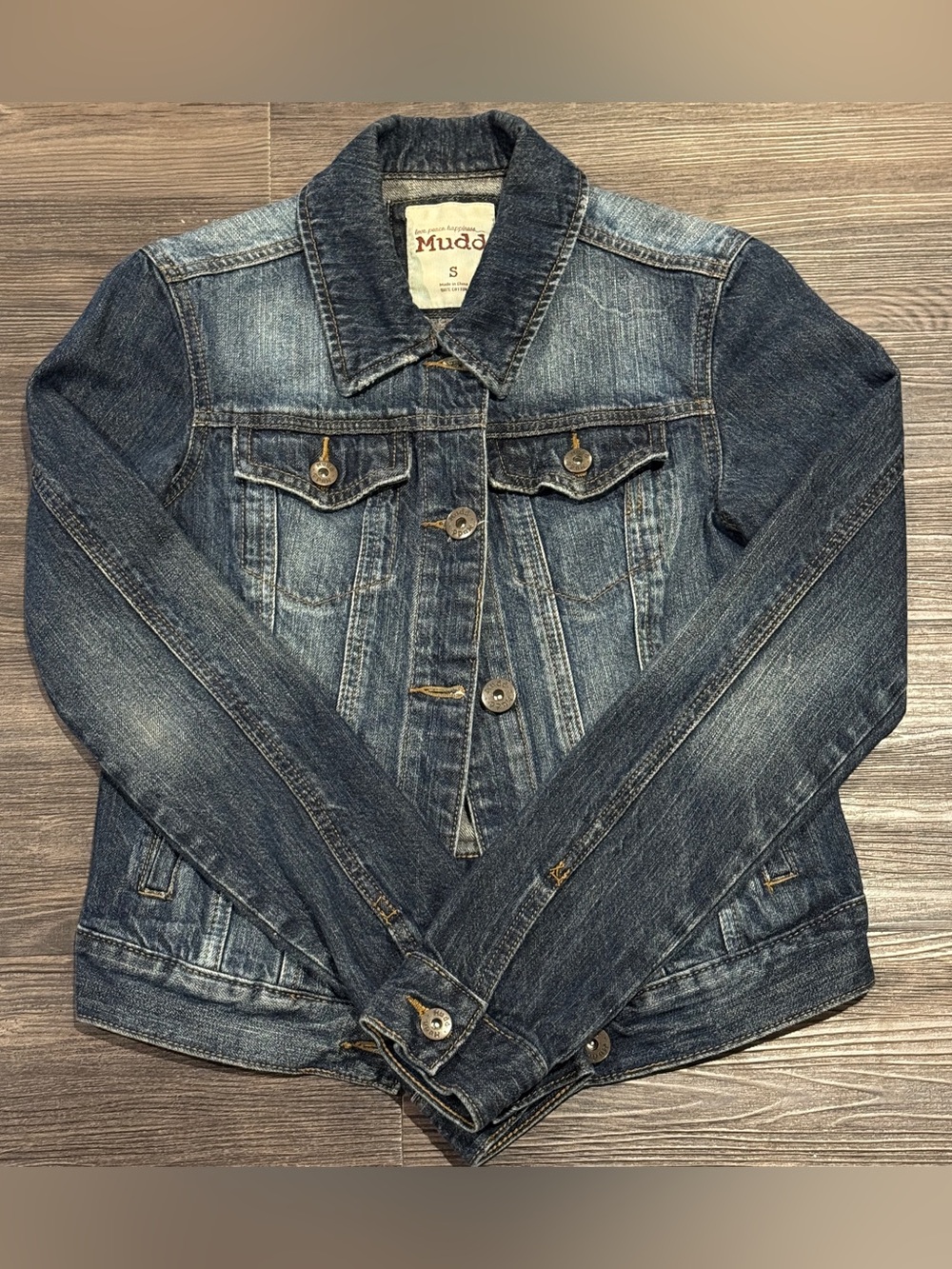 Vintage Y2K Mudd Women’s Denim Jacket Sz S Blue Fitted Button Up Distressed Wash